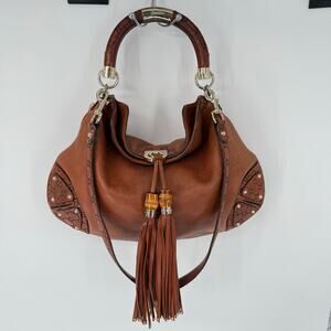 GUCCI Large Babouska Indy Brown Leather Hobo Shoulder Bag Authentic Bamboo